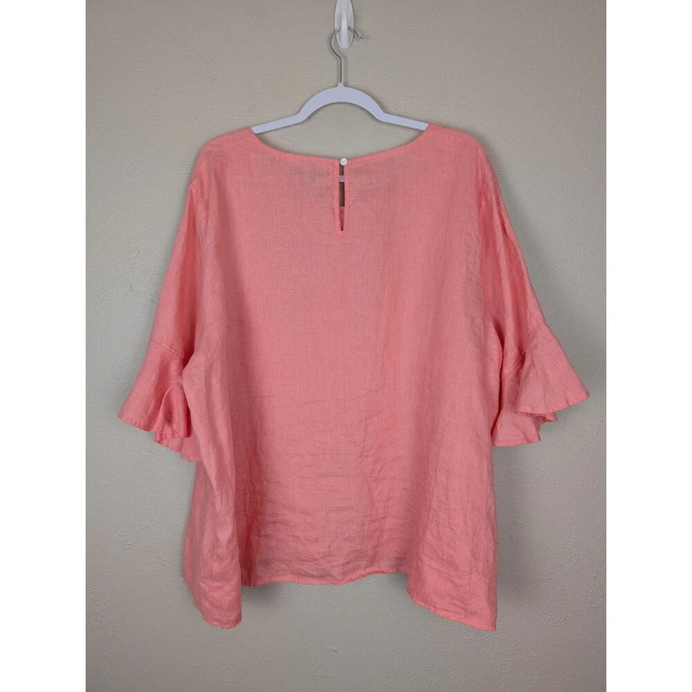 FOR CYNTHIA Womens 2X Coral 100% Linen Ruffled Bell Sleeve Top Blouse Shirt